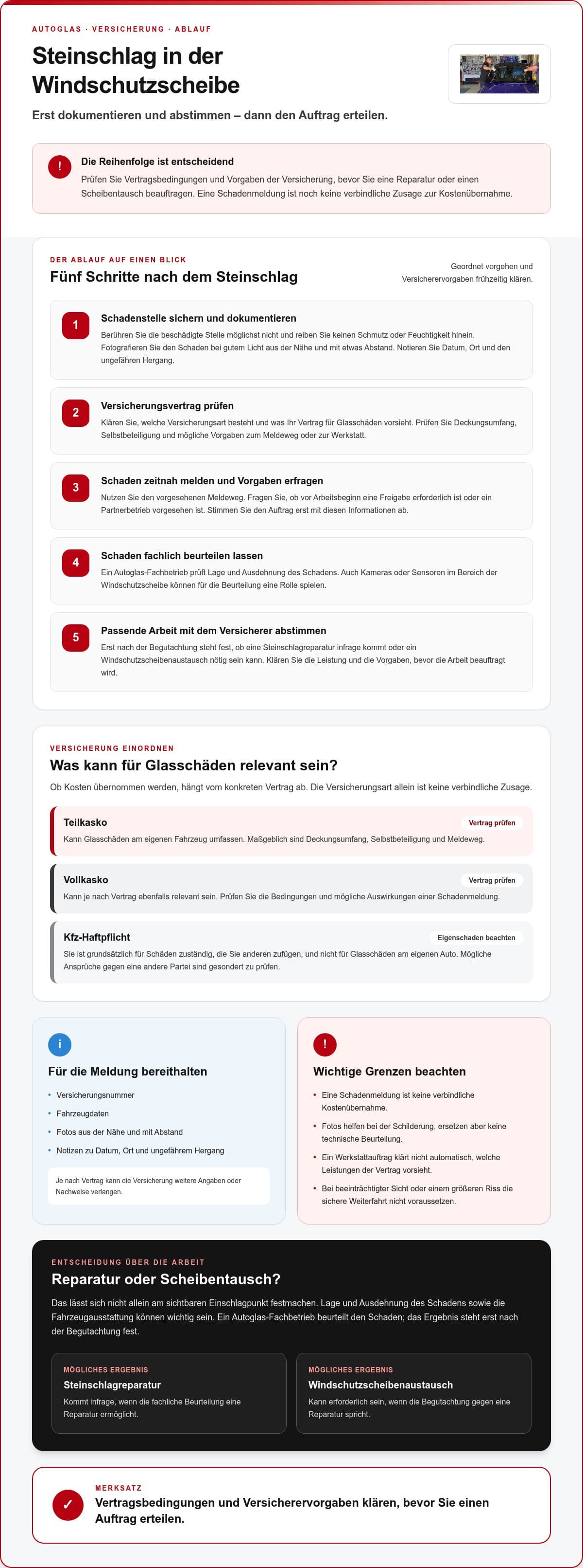 Steinschlag Windschutzscheibe Versicherung Ablauf